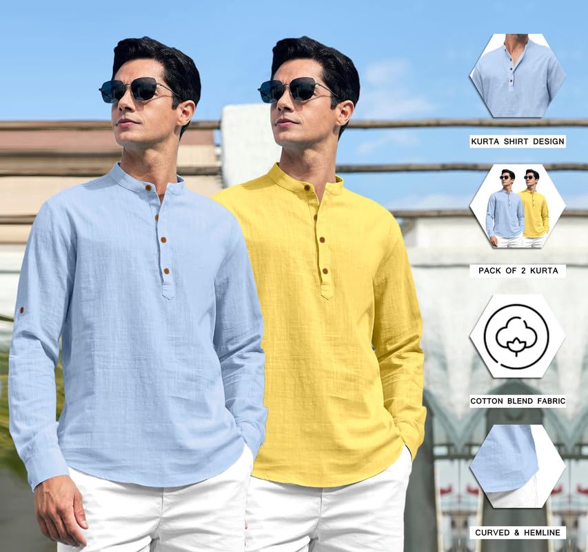 Royalscout Combo Of MenS Solid Cotton Blend Full Sleeve Straight Kurta Shirt (Pack Of 2)