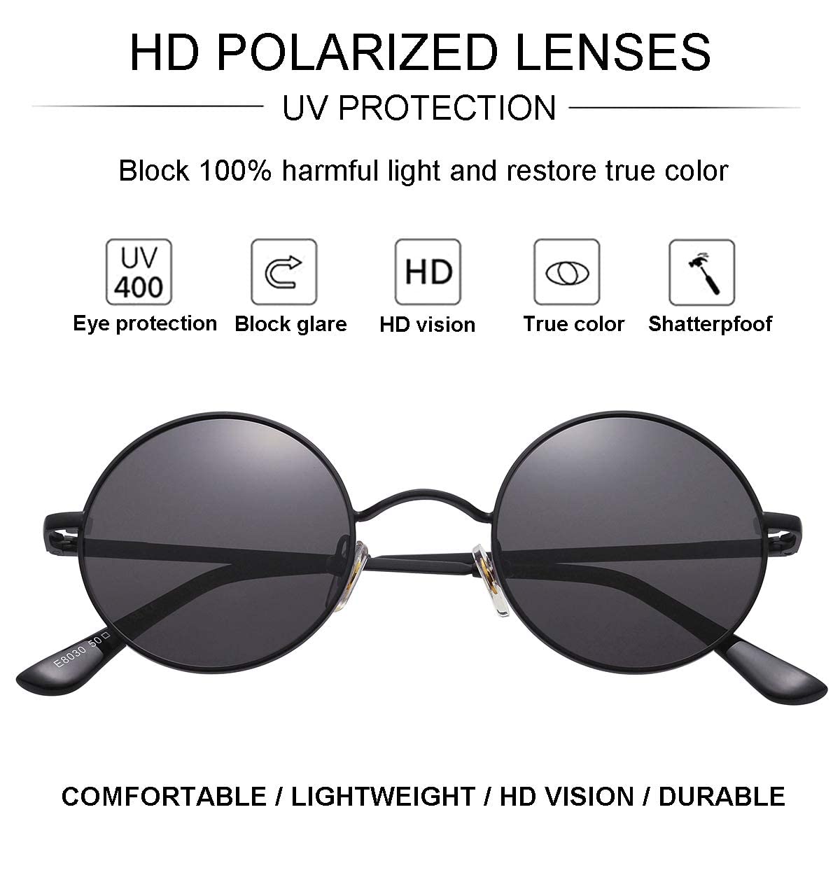 Gleyemor Polarized Round Sunglasses for Men Women Hippie Small Circle Glasses Red Yellow Lenses (Black/Grey)