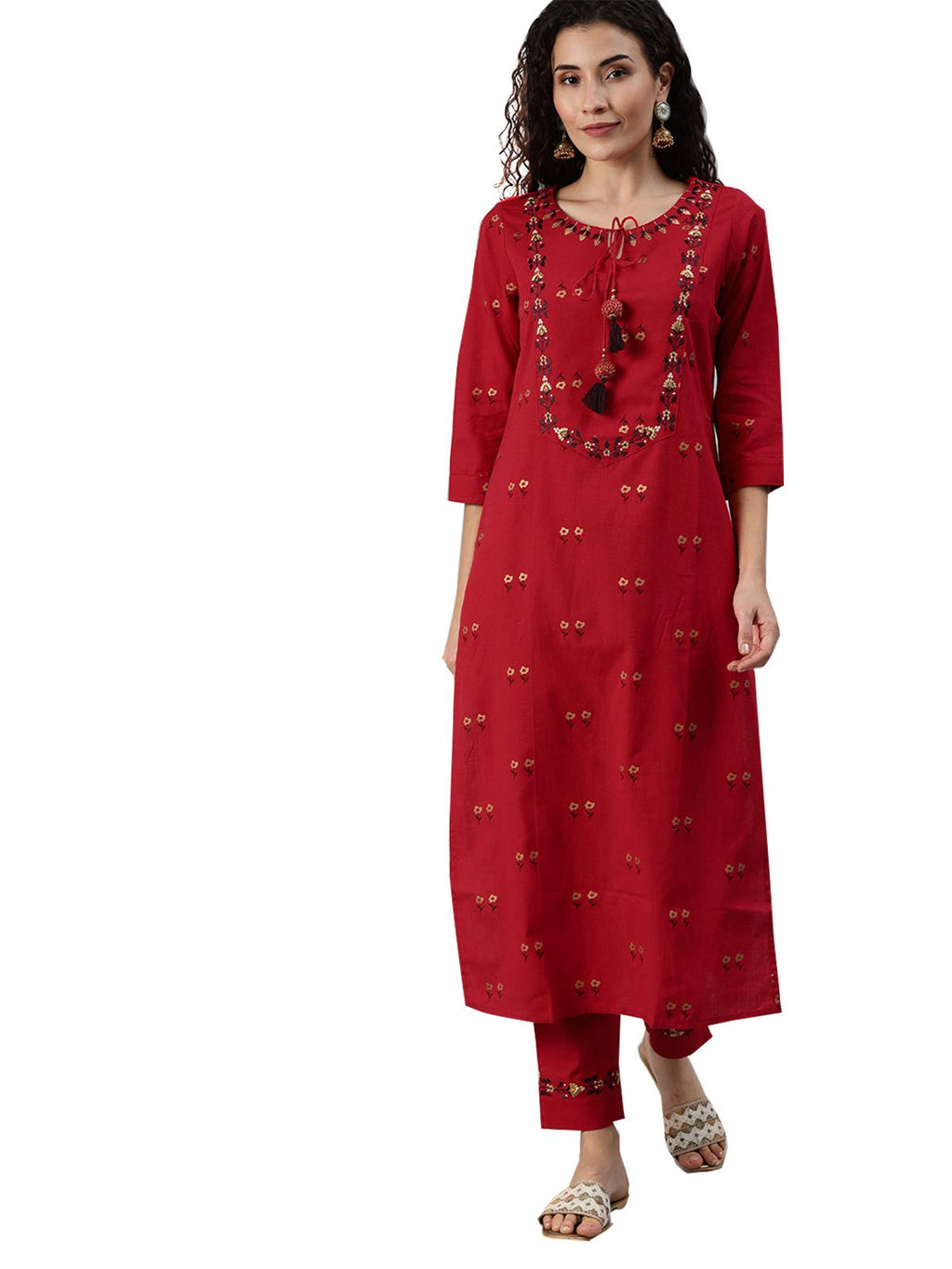Ishin Women'S Cotton Red Yoke Design A-Line Kurta Trouser Set