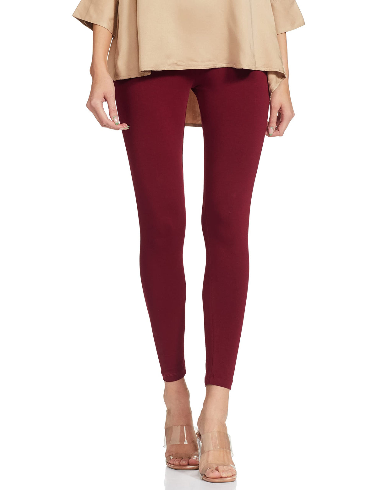 Go Colors Soft Cotton Stretch Ankle Length Leggings For Women | Breathable, Mid Rise, Maroon 2