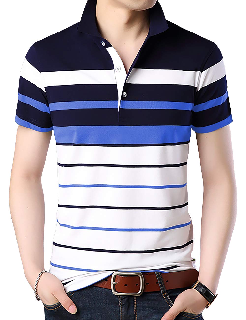 Eyebogler Mens Cotton Blend Casual Polo Neck Half Sleeve Regular Fit Striped Printed Tshirt,Men Best Tshirt, Polo Styles