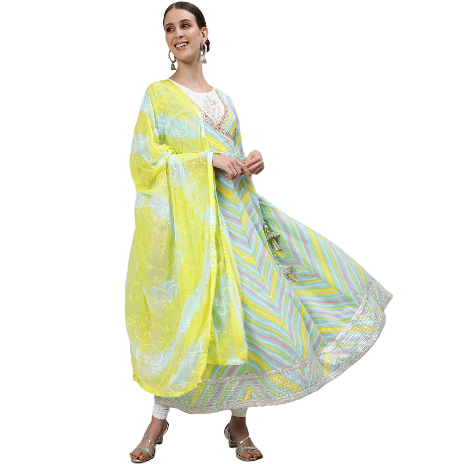 Ishin Women'S Cotton Chevron Print Embroidered Anarkali Kurta Kflo-17052_L_Blue