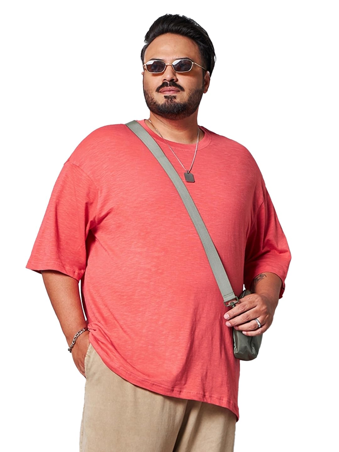 Bewakoof Air 1.0 Mens Solid Oversized Fit Half Sleeve Round Neck Cotton Plus Size T-Shirt_620648_Pink_4XL
