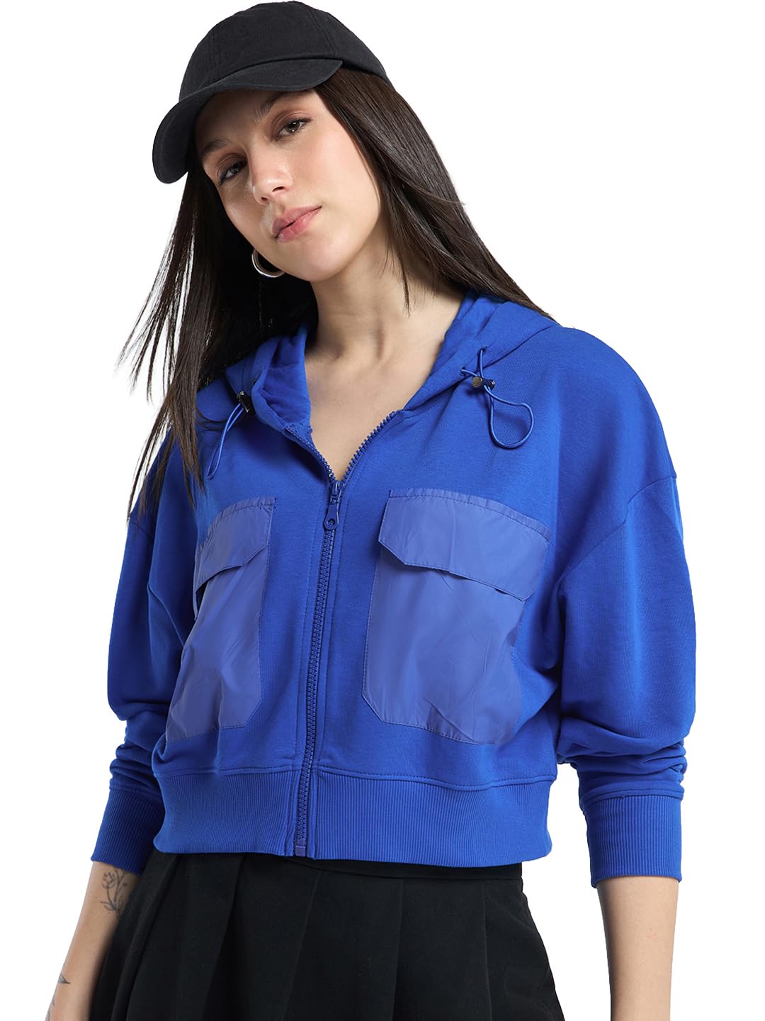 Bewakoof WomenS Solid Oversized Fit Full Sleeve Terry Cropped Hoodies_642133_Blue_Xl