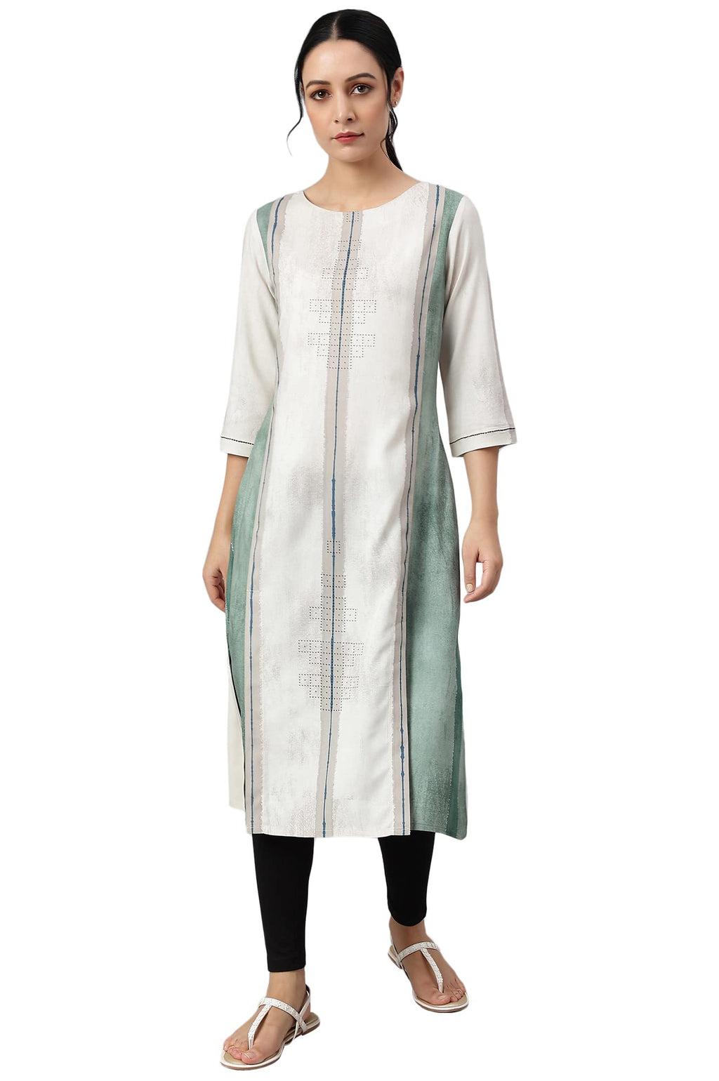 W For Woman Beige And Green Pleated A-Line Kurta