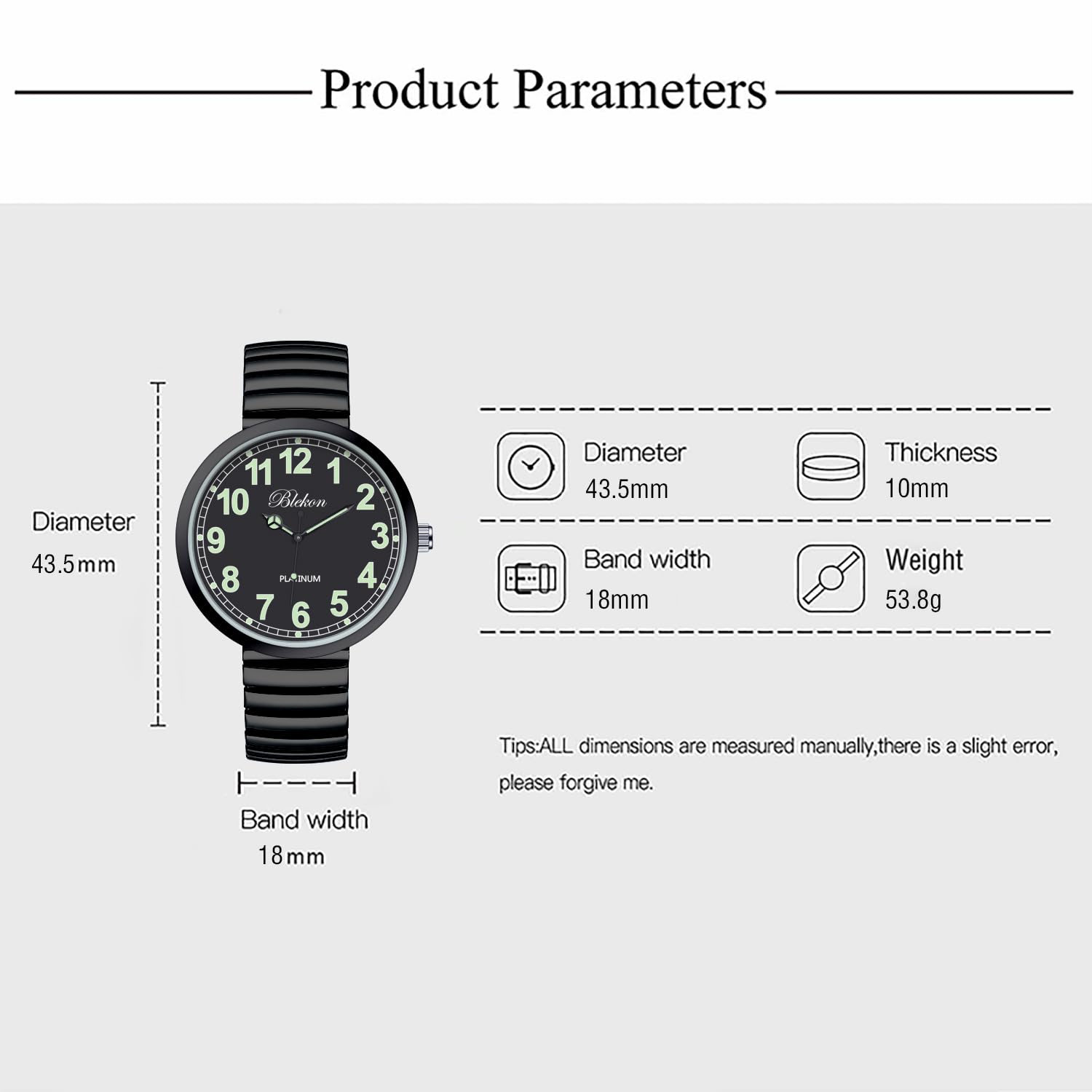 Blekon Collections New Super Large Face Stretch Band Japanese Movement PC21J Fashion Watch (Black/Luminous)