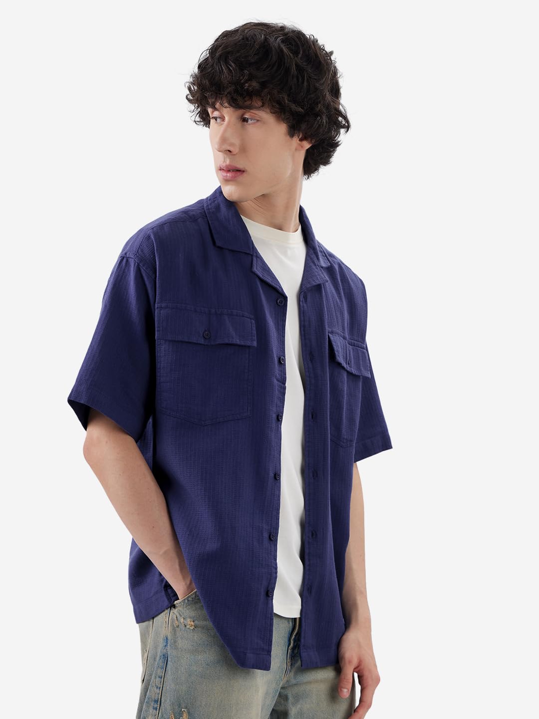 The Souled Store Solids: Navy Blue Men and Boys Short Sleeves Collared Neck Button Front Oversized Fit Cotton Textured Shirts