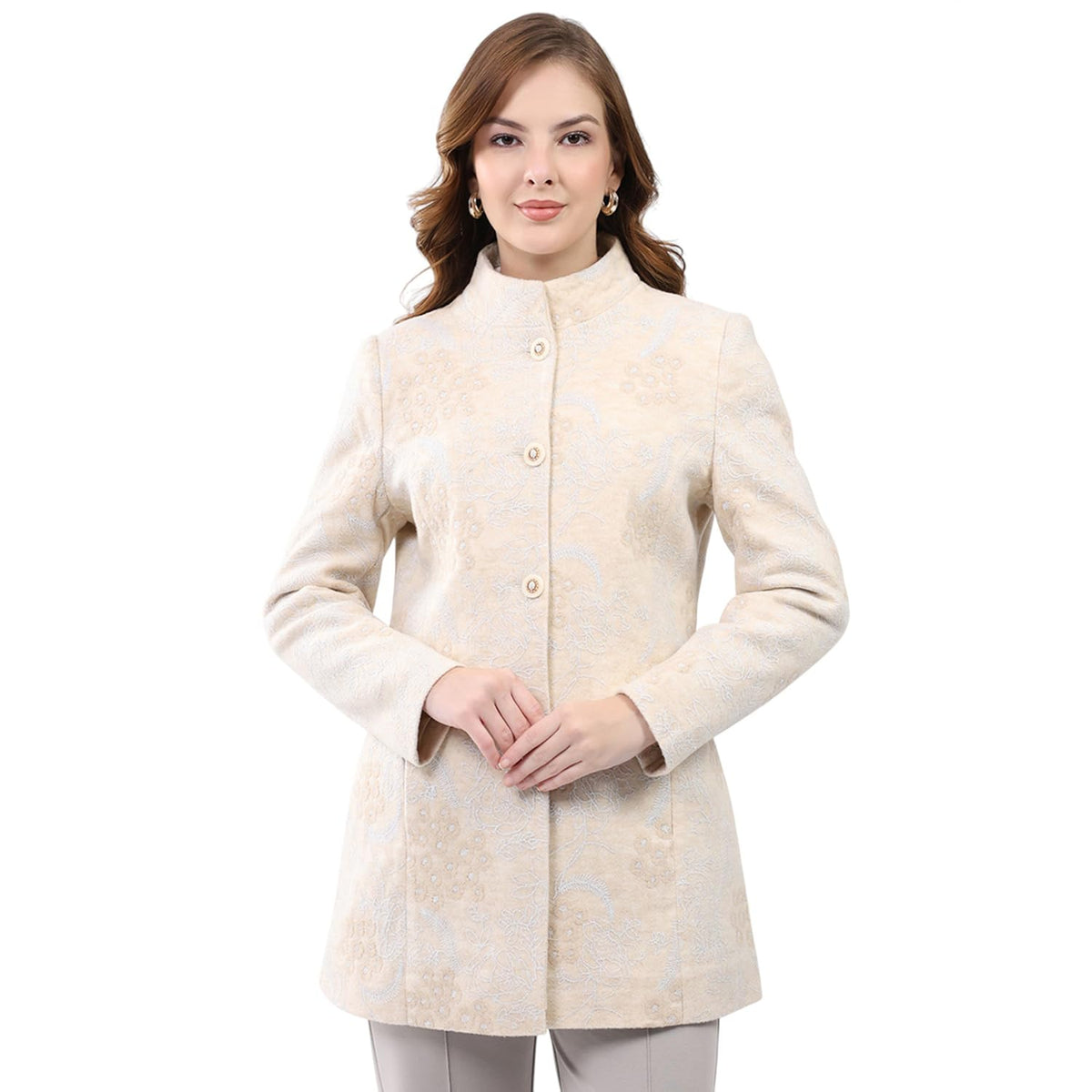 Monte Carlo Women Regular Fit Self Design Band Neck Side Pocket Button Closure Full Sleeve Winter Coat|Stylish Outerwear with Bu 2