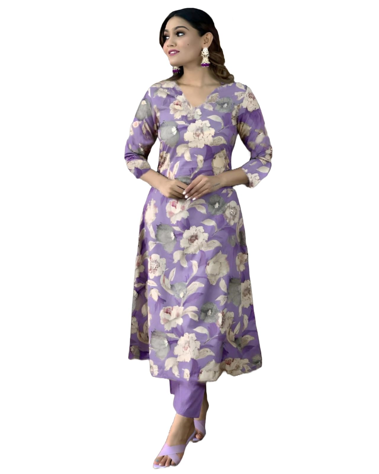 ANNI DESIGNER Womens Cotton Blend Straight Printed Kurta with Pant (DHUN Lavender_L_Lavender_Large)