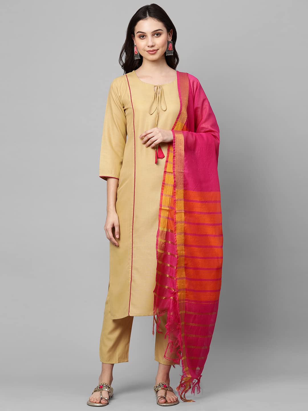 ANNI DESIGNER Womens Cotton Blend Straight Printed Kurta with Pant & Dupatta (Carnival Beige_S_Beige_Small)