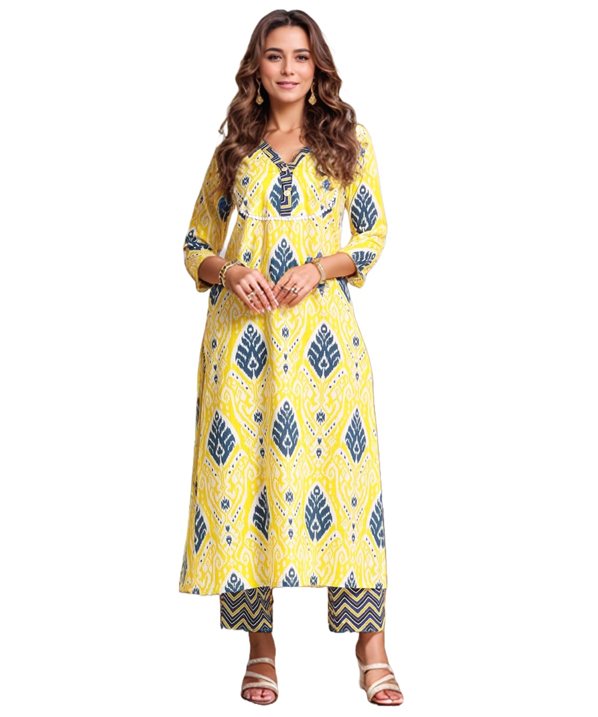 ANNI DESIGNER Womens Rayon Viscose Straight Printed Kurta with Pant (Bechari Yellow_XL_Yellow_X-Large)