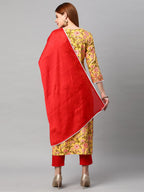 Gosriki Women'S Cotton Blend Floral Printed Straight Kurta With Pant & With Dupatta