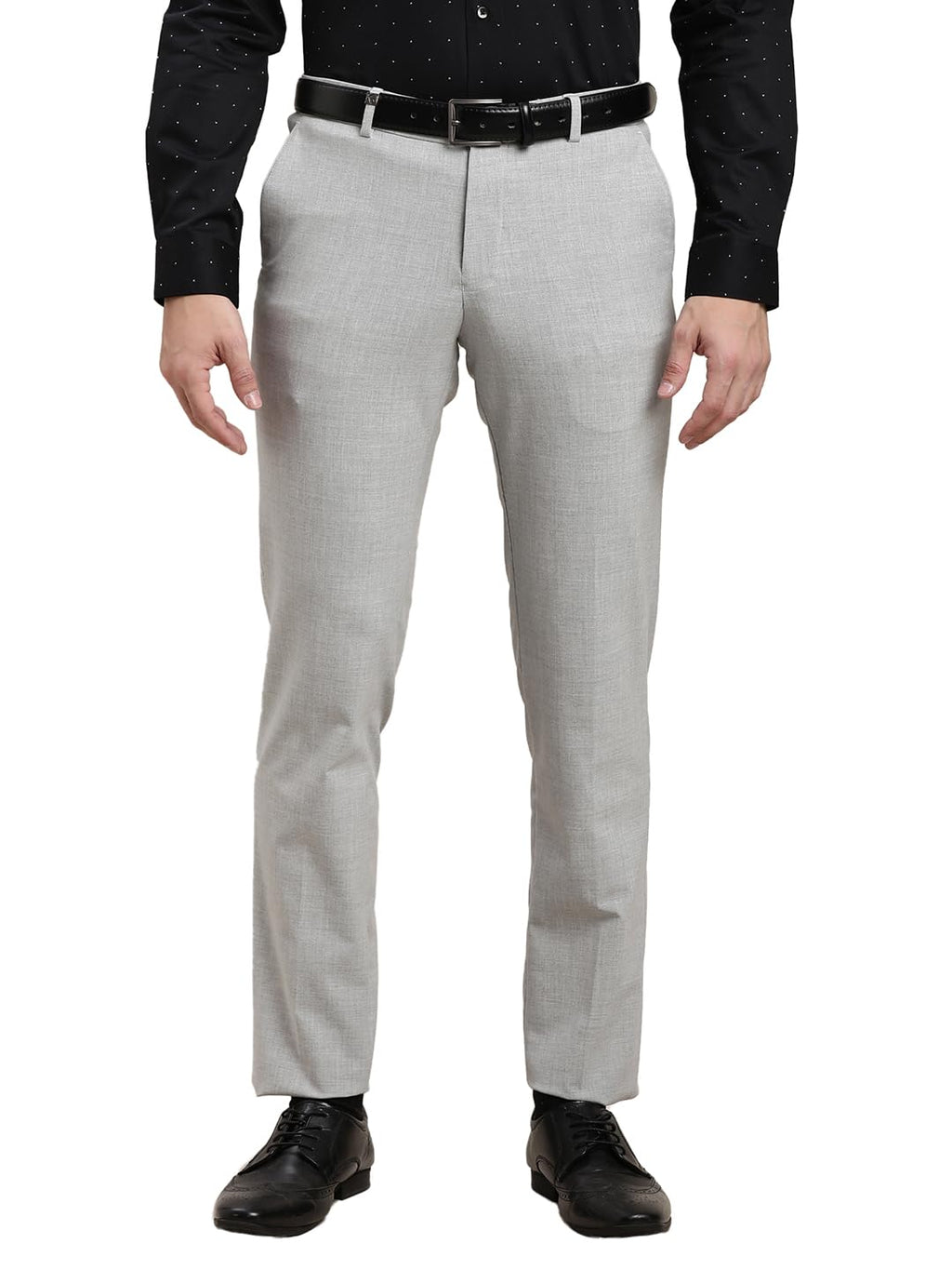 Turtle Men 4 Way Stretch Slim Fit Solid Grey Melange Flat Front Formal Trouser