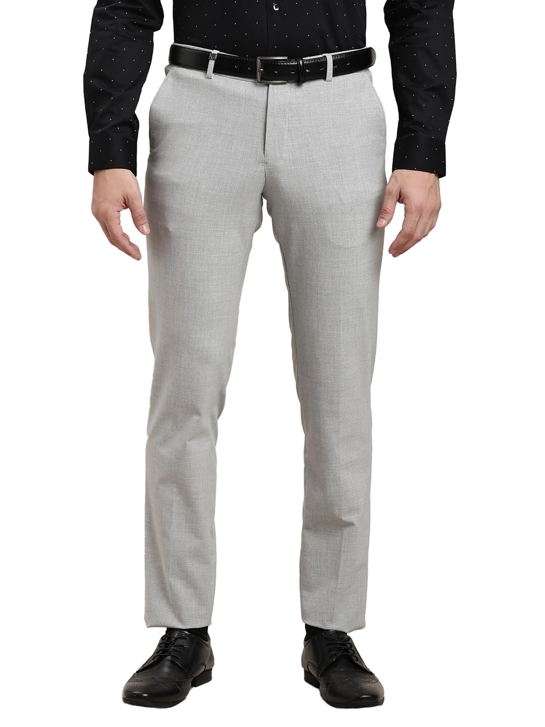 Turtle Men 4 Way Stretch Slim Fit Solid Grey Melange Flat Front Formal Trouser