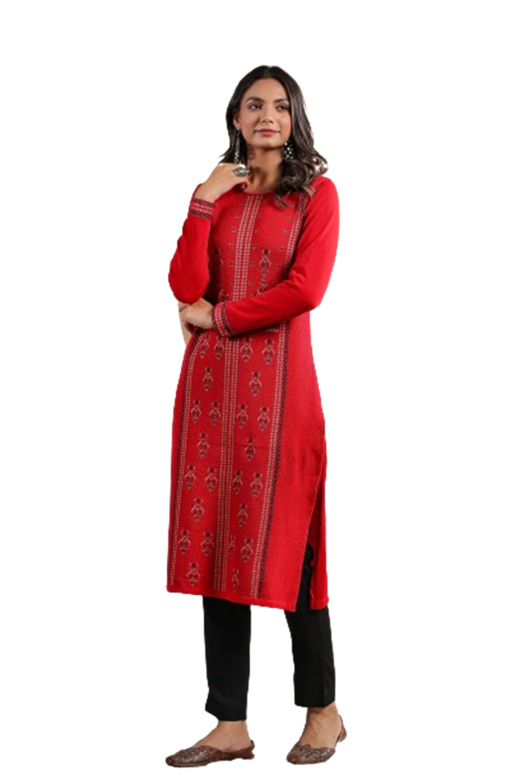 Ishin Women'S Red Jacquard Style Ethnic Motifs Straight Winterwear Kurta