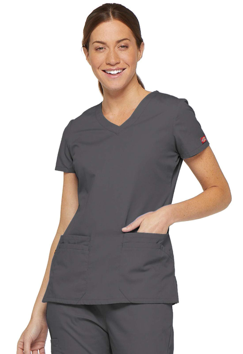 Dickies EDS Signature Scrubs for Women, Contemporary Fit V-Neck Womens Tops in Soft Brushed Poplin 85906, L, Pewter