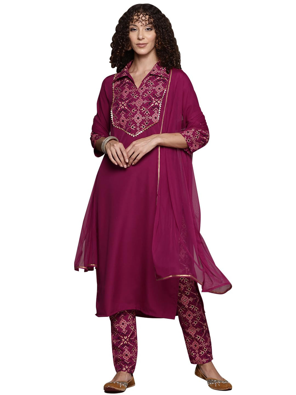 Ziyaa Women'S Maroon Crepe Kurta, Pant And Dupatta Set (Ziskdcr4074-3Xl