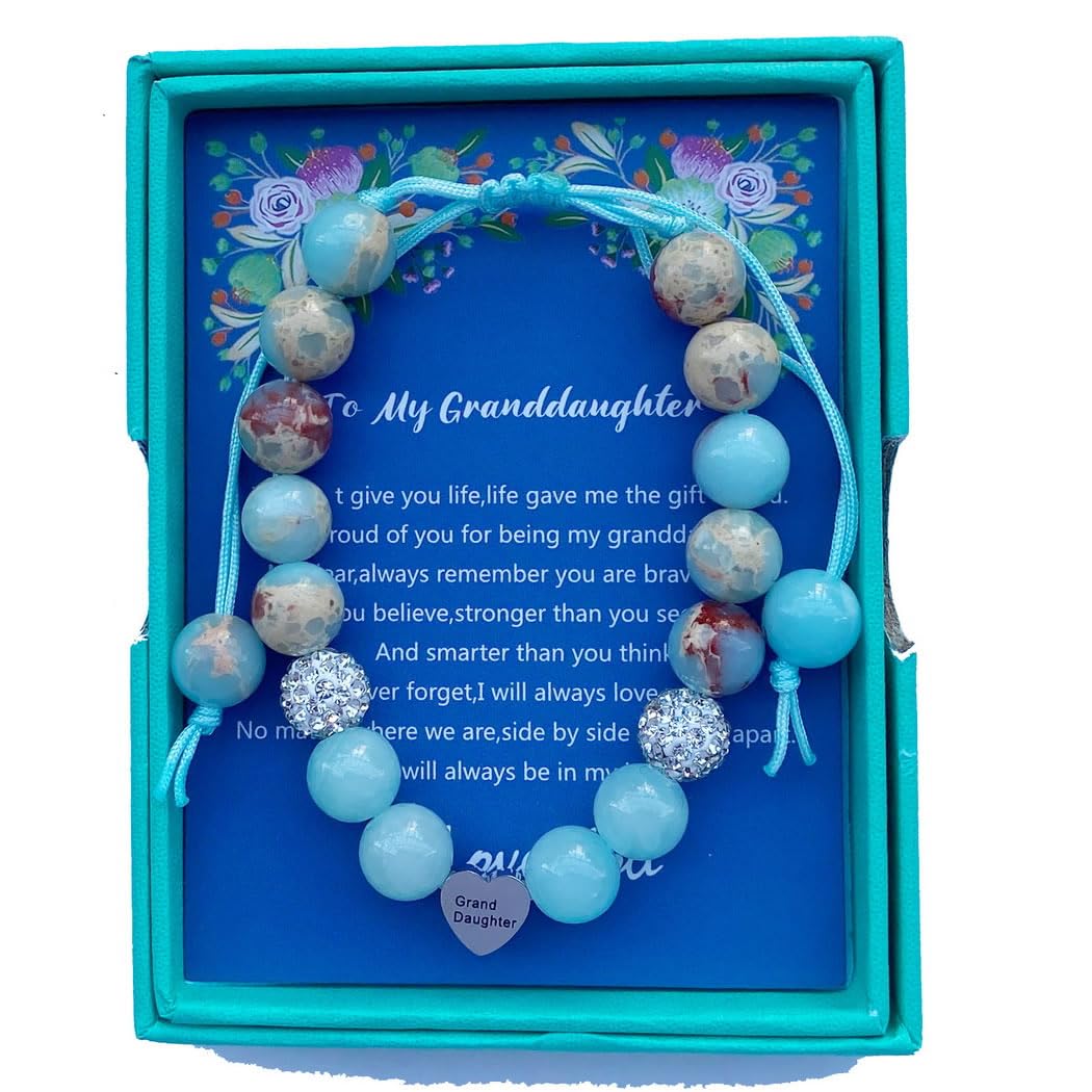 DOLON Blue Natural Stone Stainless Steel Heart Granddaugther Charm Bracelet Adjustable Jewelry Back to School Birthday Christmas