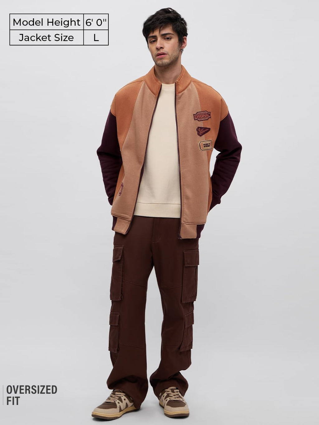 The Souled Store Ticket To Nowhere Men and Boys Long Sleeves Stand Collar Zipper Front Brown Cotton Blend Oversized Racer Jacket