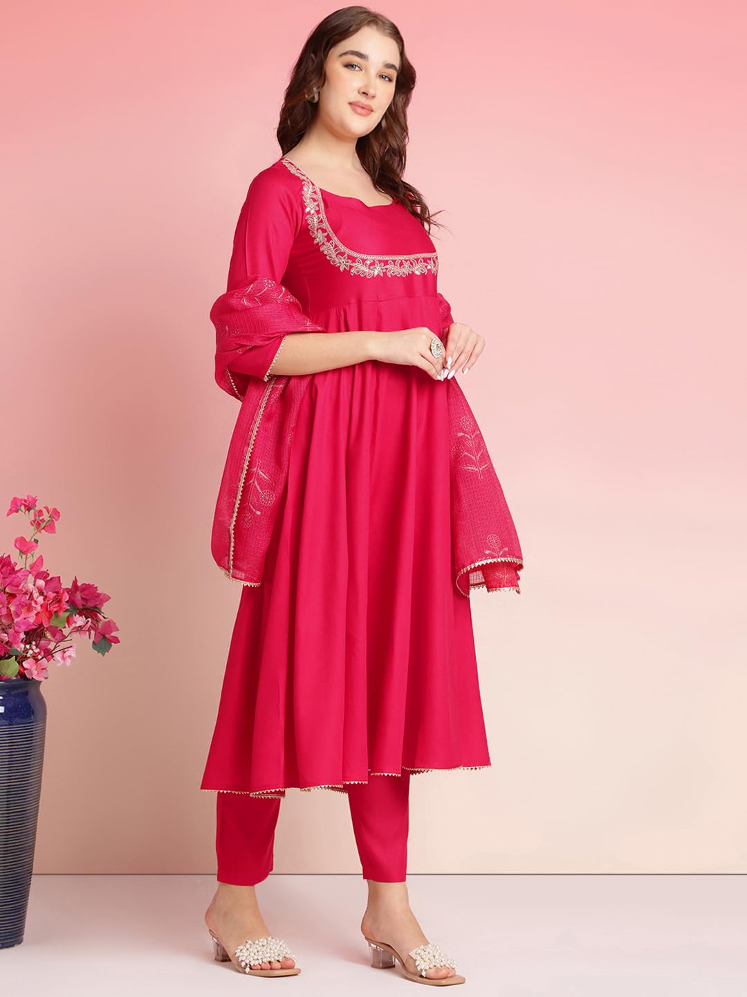 ANNI DESIGNER Ladies Plain Rayon Blend Kurta with Trousers and Dupatta, pink, 4X-Large