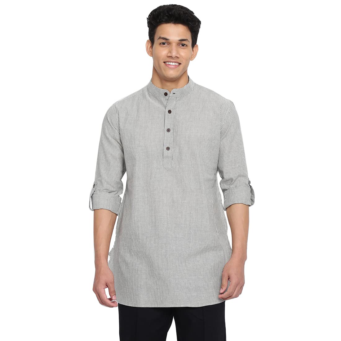 Fabindia Men Cotton Slim Fit Striped Short Kurta Grey_L