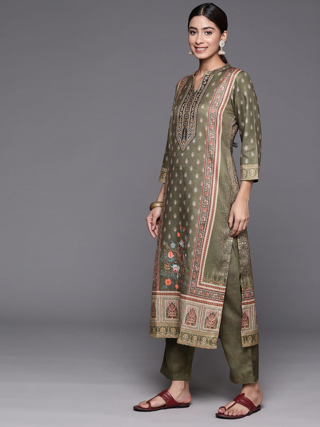Varanga Women Woolen Olive Ethnic Motif Printed Straight Kurta Paired With Tonal Bottom And Dupatta