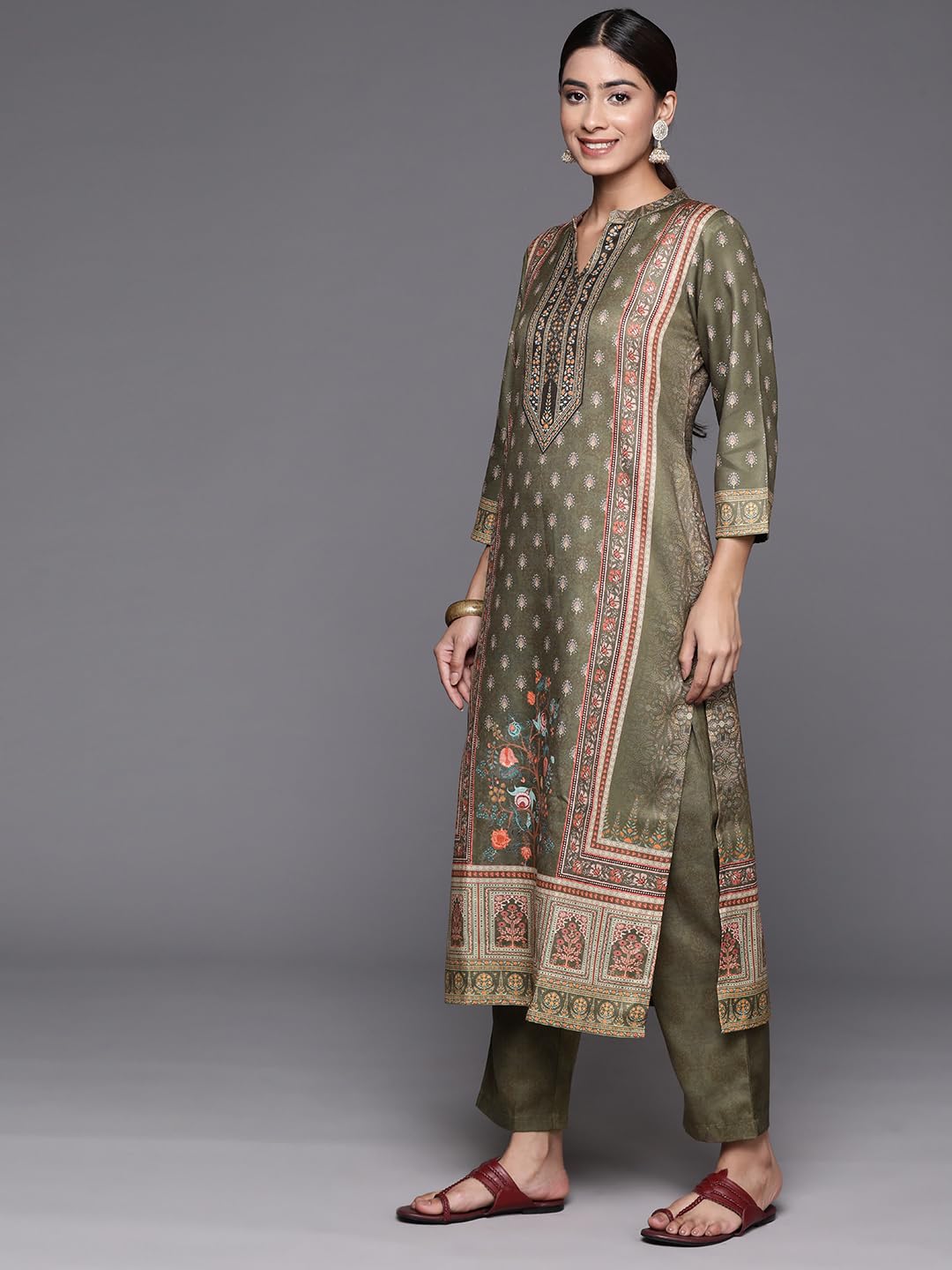 Varanga Women Woolen Olive Ethnic Motif Printed Straight Kurta Paired With Tonal Bottom And Dupatta