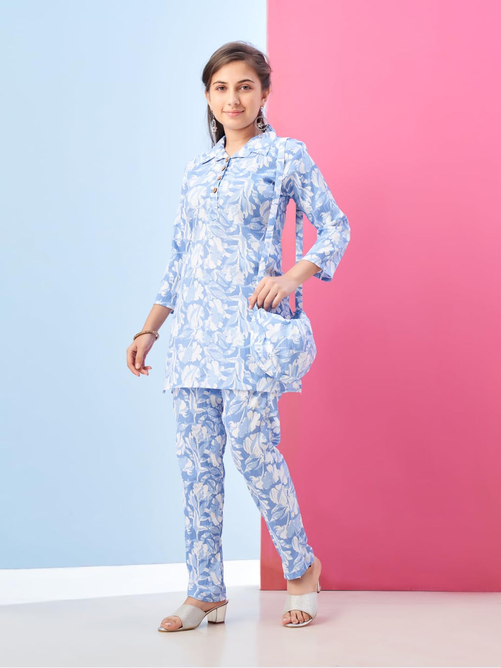 Aarika Girls Casual Wear Sky Blue Colour Floral Print Polyester Co-ord Set-8-15 Years (KP-TR-K-951)