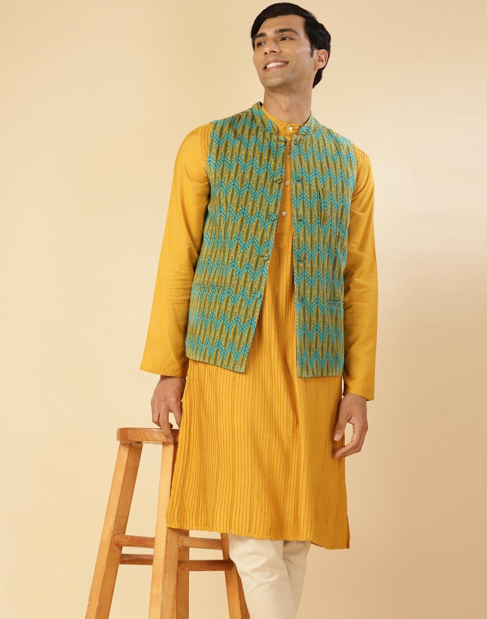 Fabindia Mens Teal Cotton Printed Jacket Nehru (1035049TEAL