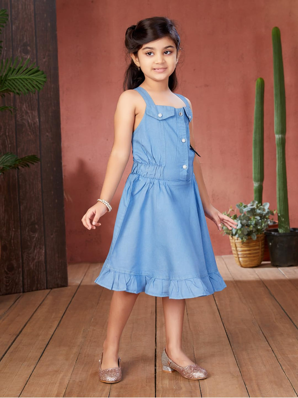 Aarika Girls Blue Colour Solid Denim Middi-(3-11 Years)