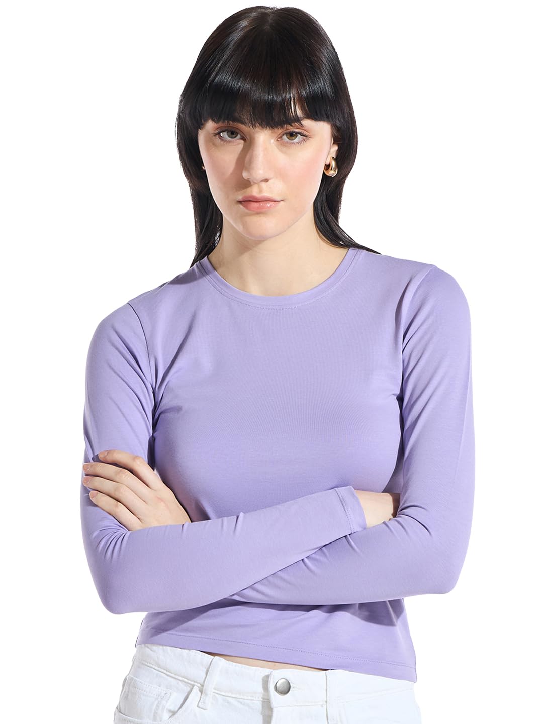Bewakoof WomenS Solid Slim Fit Full Sleeve Round Neck Cotton Lycra Blend Top_646763_Purple_Xs