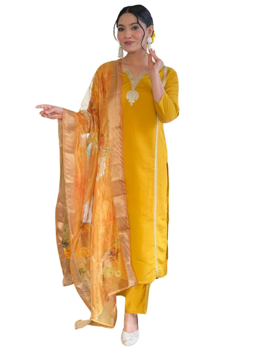 Naixa WomenS Yellow Chanderi Viscose With Full Inner Embroidered Straight Kurta With Chanderi Viscose With Full Inner Pant And 