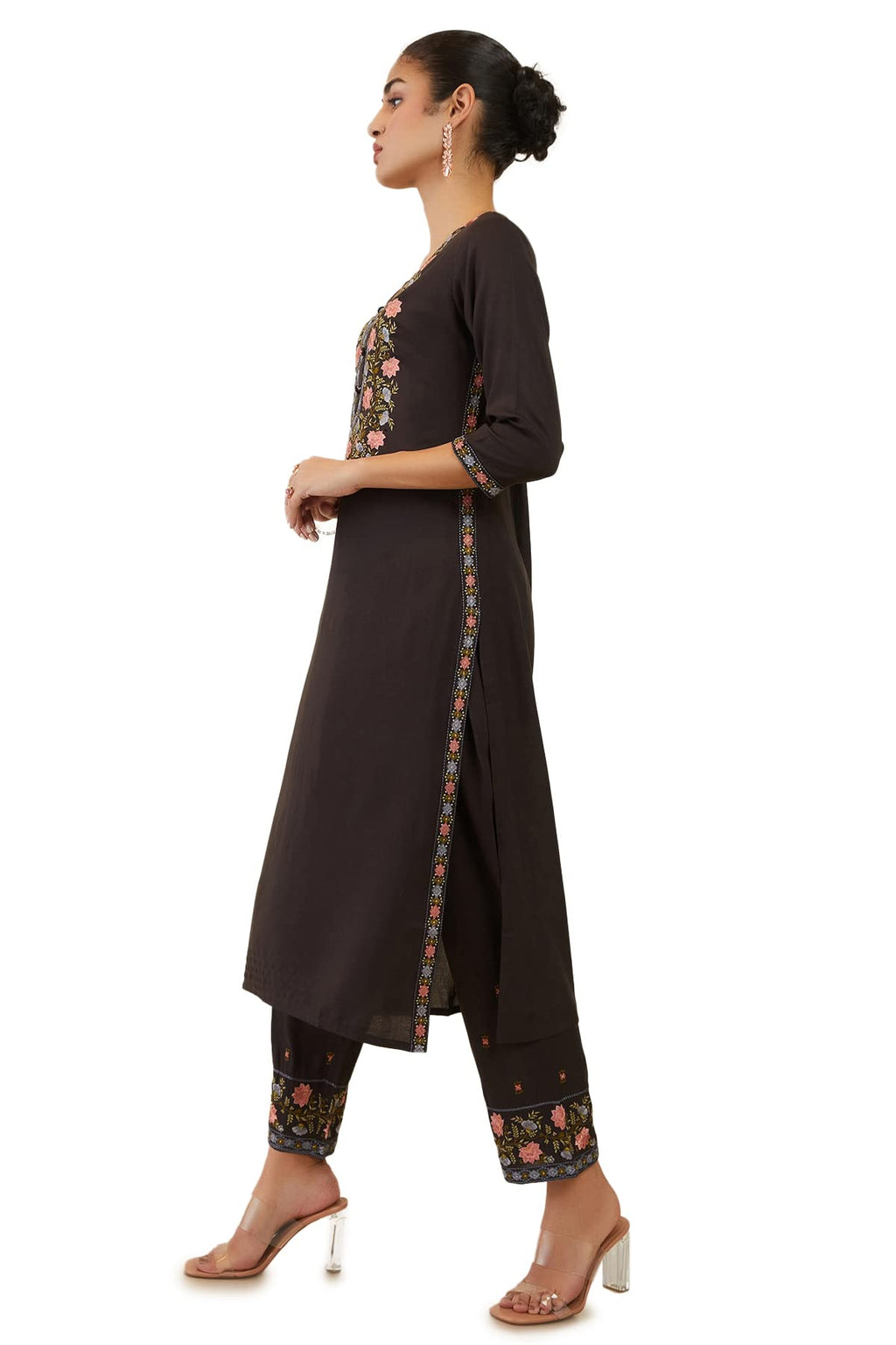 Soch Womens Charcoal Rayon Floral Embroidered Straight Kurta Set