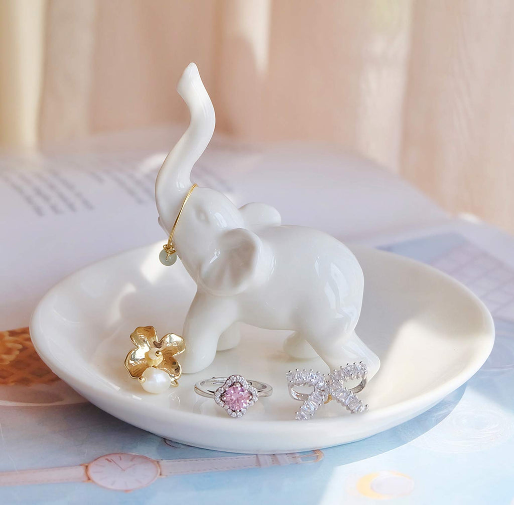 PUDDING CABIN White Elephant Ring Holder Dish Ring Tray for Jewelry | Elephant Gifts for Women Christmas | Birthday Gifts for Wo