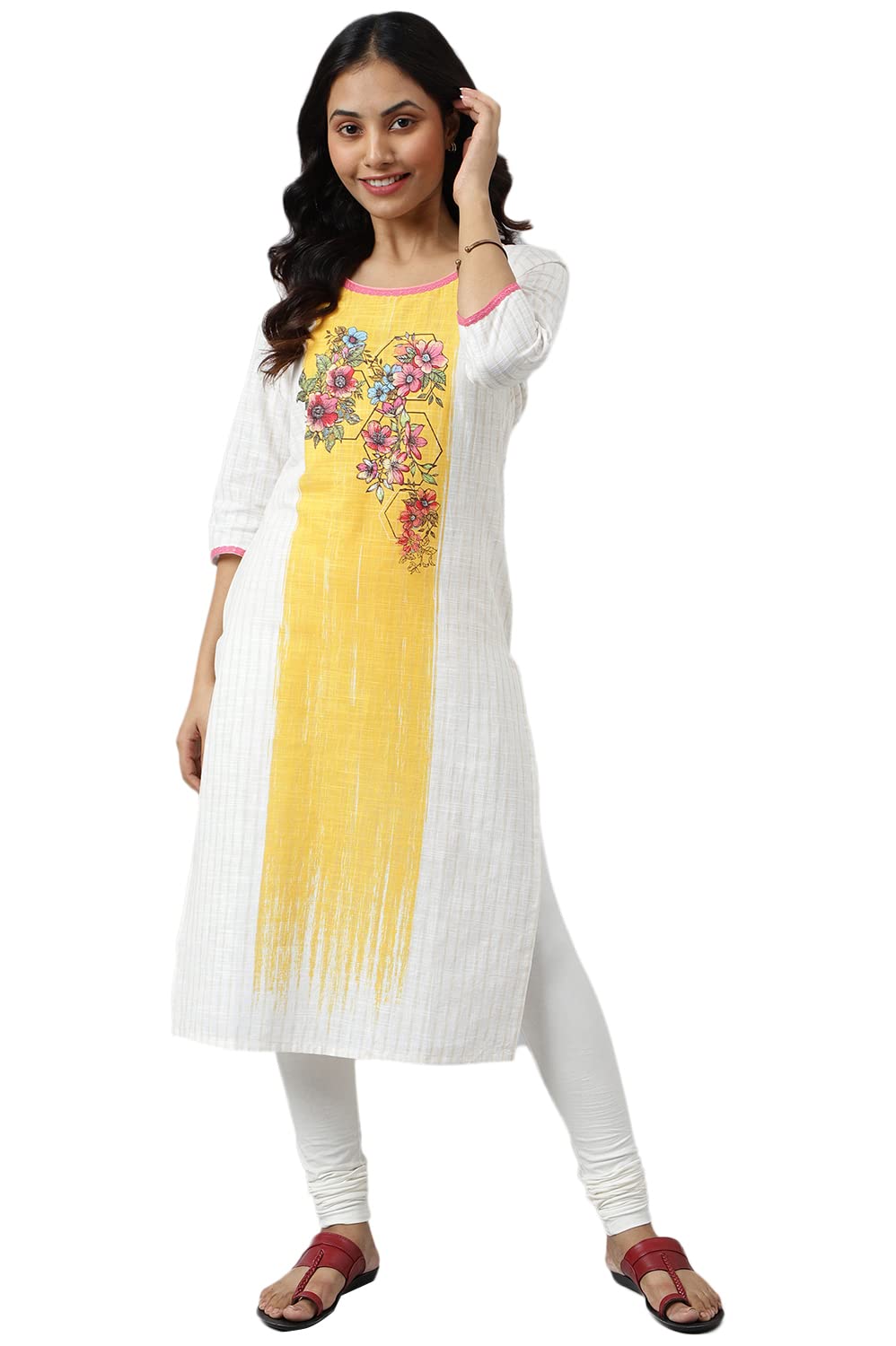 Aurelia Women Cream Cotton Floral Printed Straight Kurta_22Aua13546-504526_Xs
