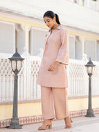 Varanga Embroidered Shirt Collar Tunic With Palazzo - Comfortable Fit, Stylish Design, Versatile Wear, Lightweight Fabric, And V