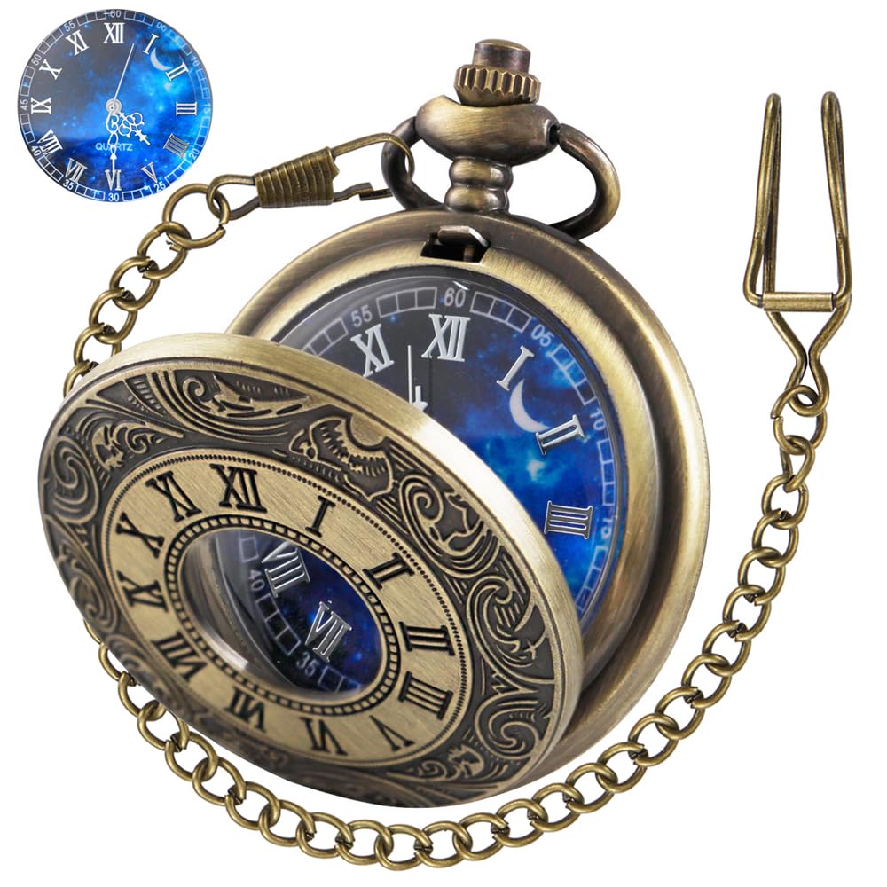 Tiong Vintage Blue Starry Night Moon Dial Roman Numerals Scale Pocket Watch with Chain Gifts for Birthday Graduation Christmas F