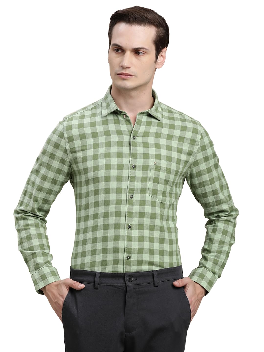 Turtle Men Green Checkered Full Sleeve Slim Fit 100% Cotton Casual Shirt