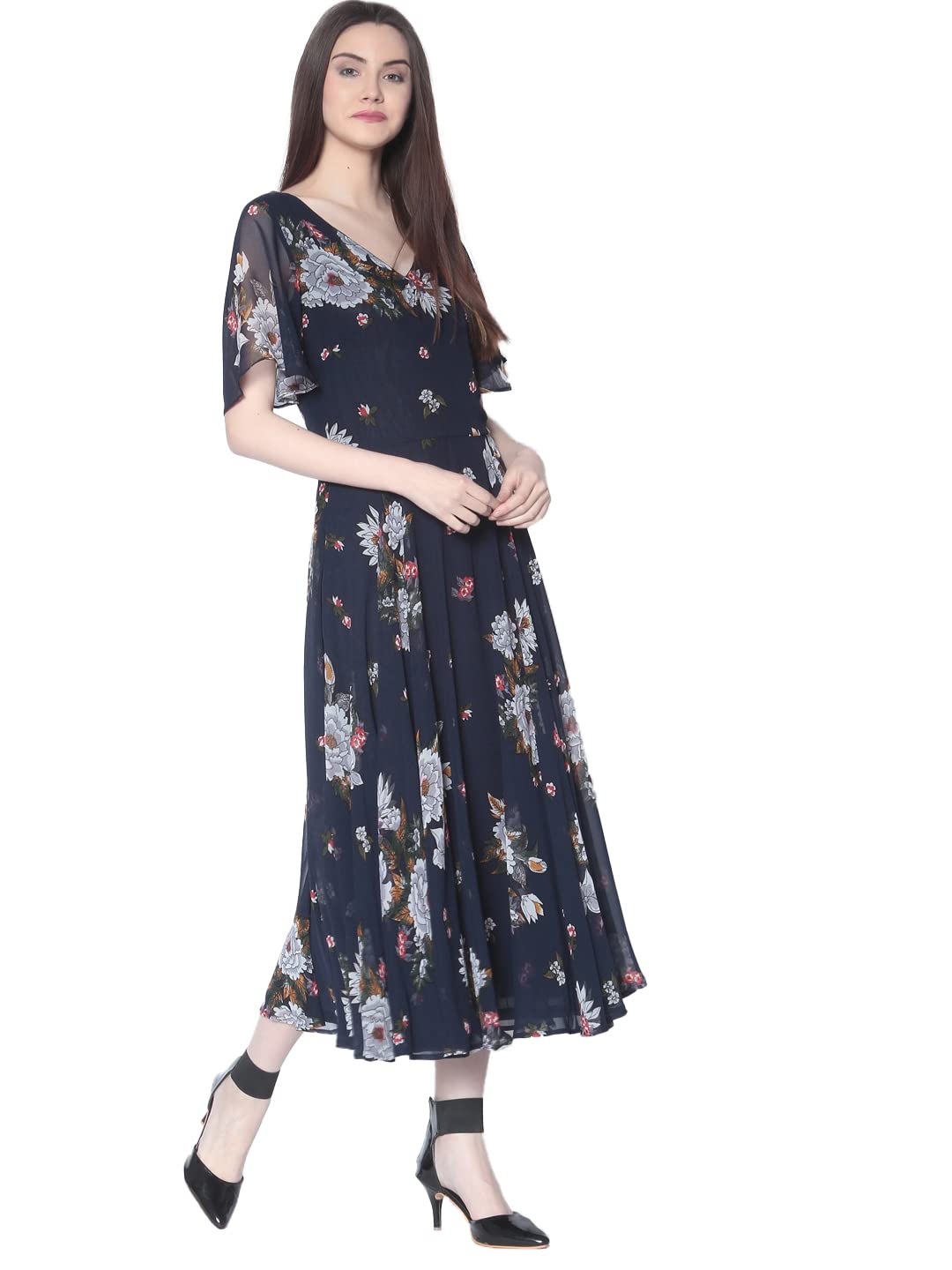Rare London Women Synthetic A-Line Knee-Long Dress (Ep3153-L_Blue_L)