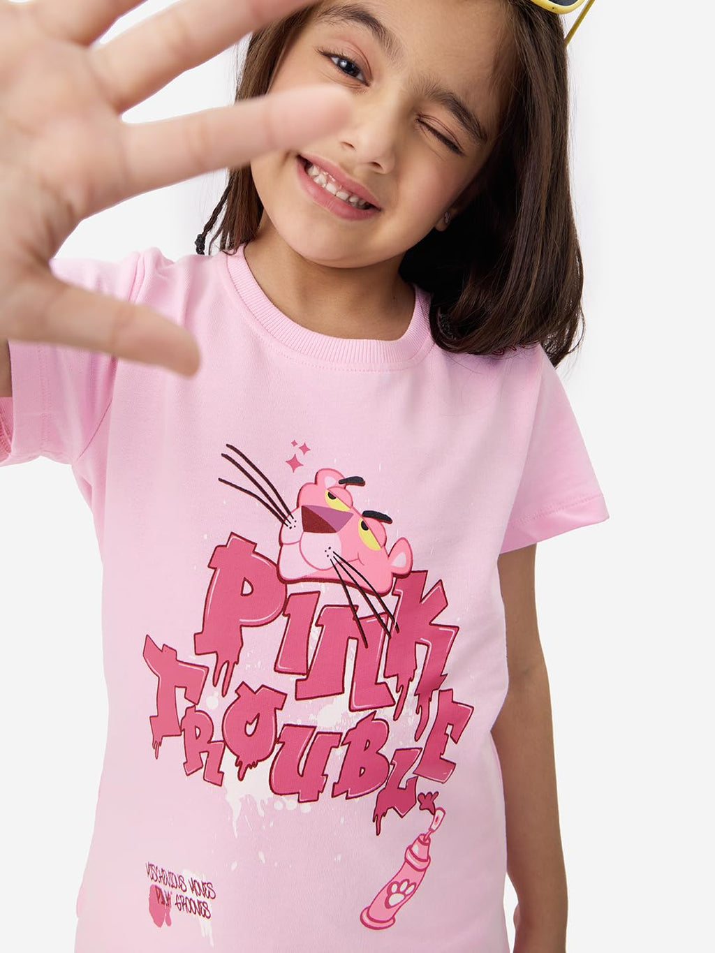 The Souled Store Official Pink Panther: Pink Trouble Girls Pink Graphic Printed Regular Fit Cotton T-Shirts
