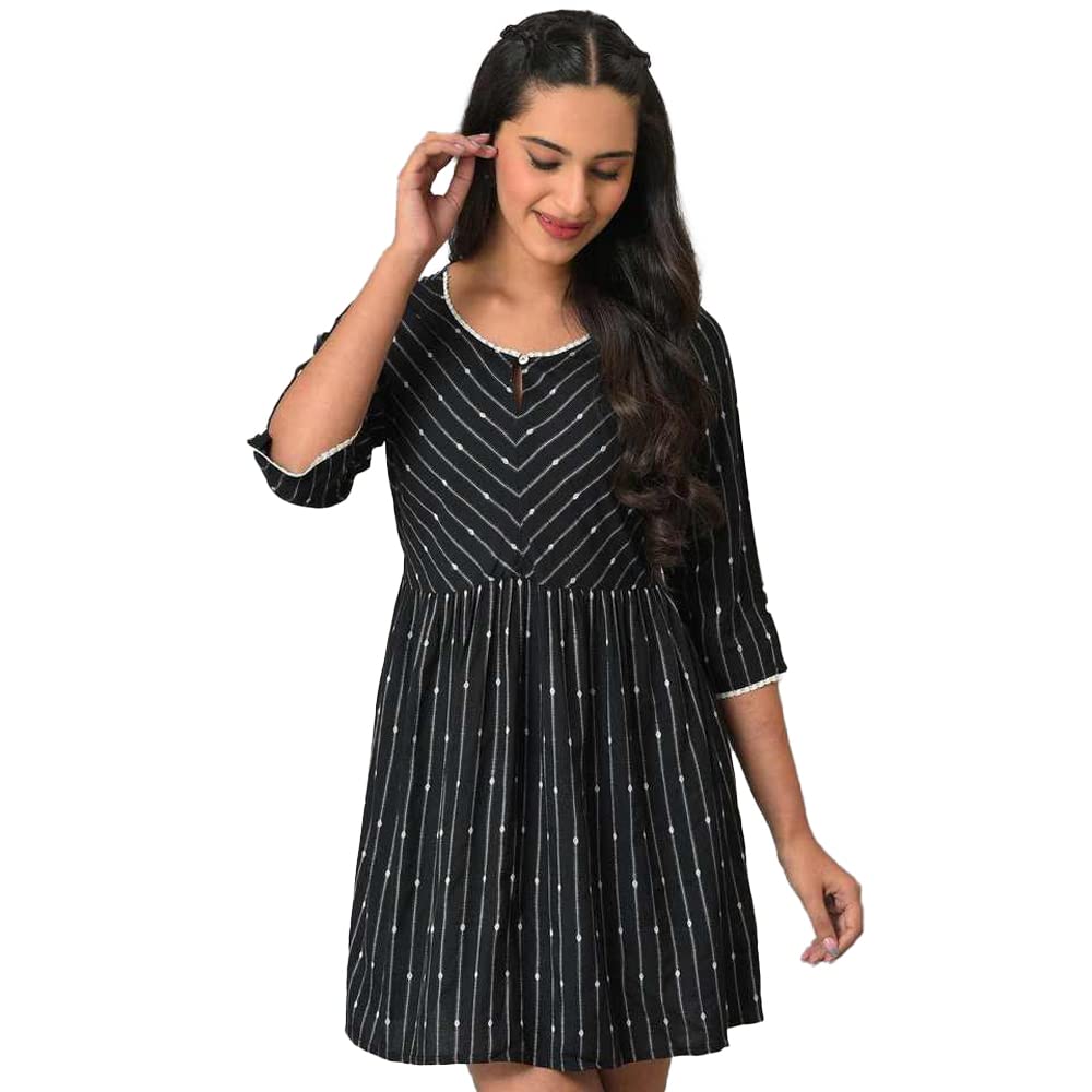 Aurelia Womens Rayon Solid Regular Black Dobby Fit and Flare Kurti (23FEA30317-701933