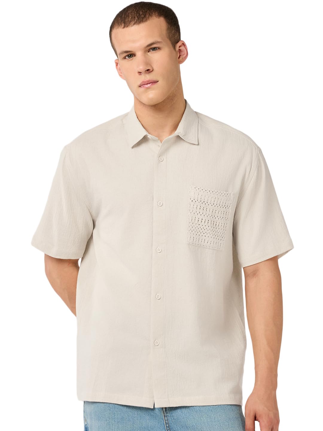 Bewakoof MenS Textured Oversized Fit Half Sleeve Collar Pure Cotton Shirt_685439_Off White_Xl