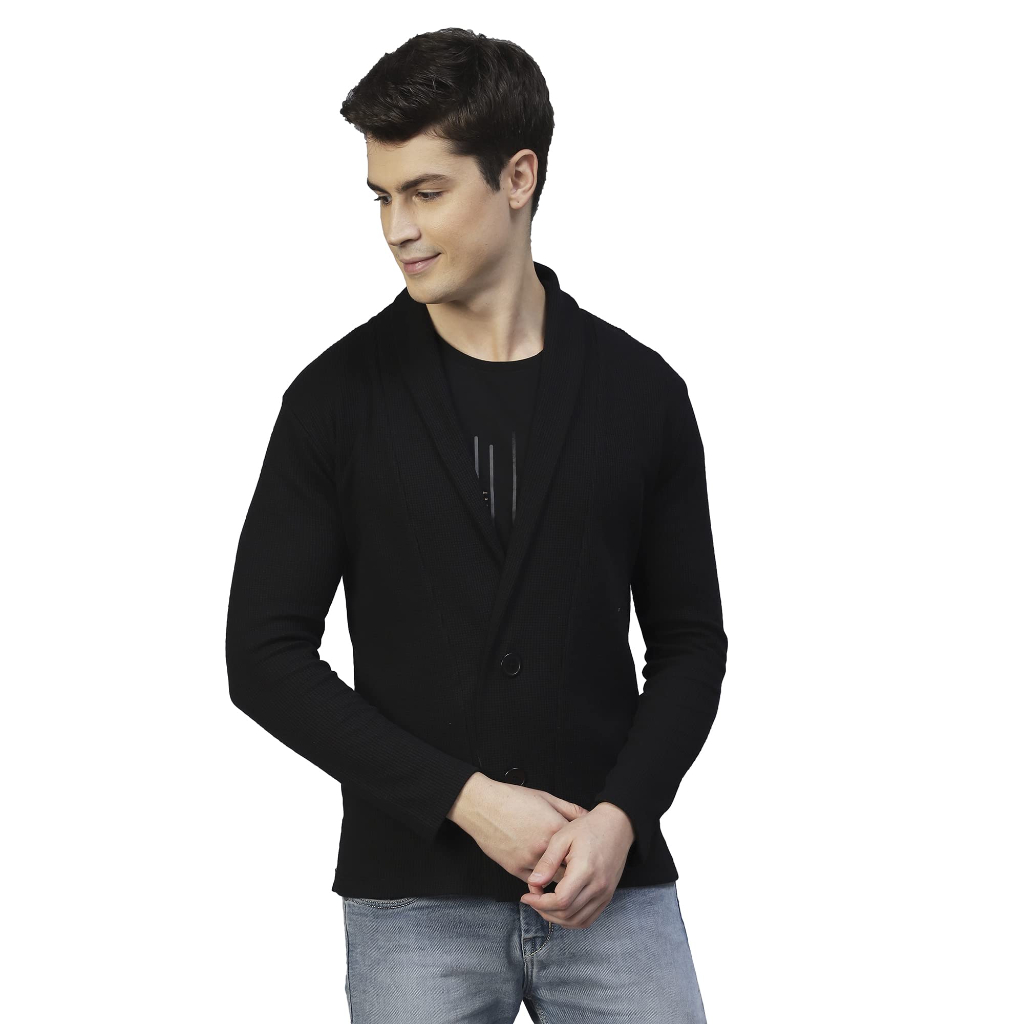 Rigo Waffle Knit Shrug for Men | Full Sleeve, Shawl Collar Cardigan for Men | Best for Casual Wear, Fashion Wear Cardigan Black