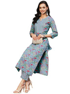 Gosriki Women'S Cotton Blend Printed Straight Kurta With Pant (Nand Blue-Gs_Xl_Blue_X-Large)