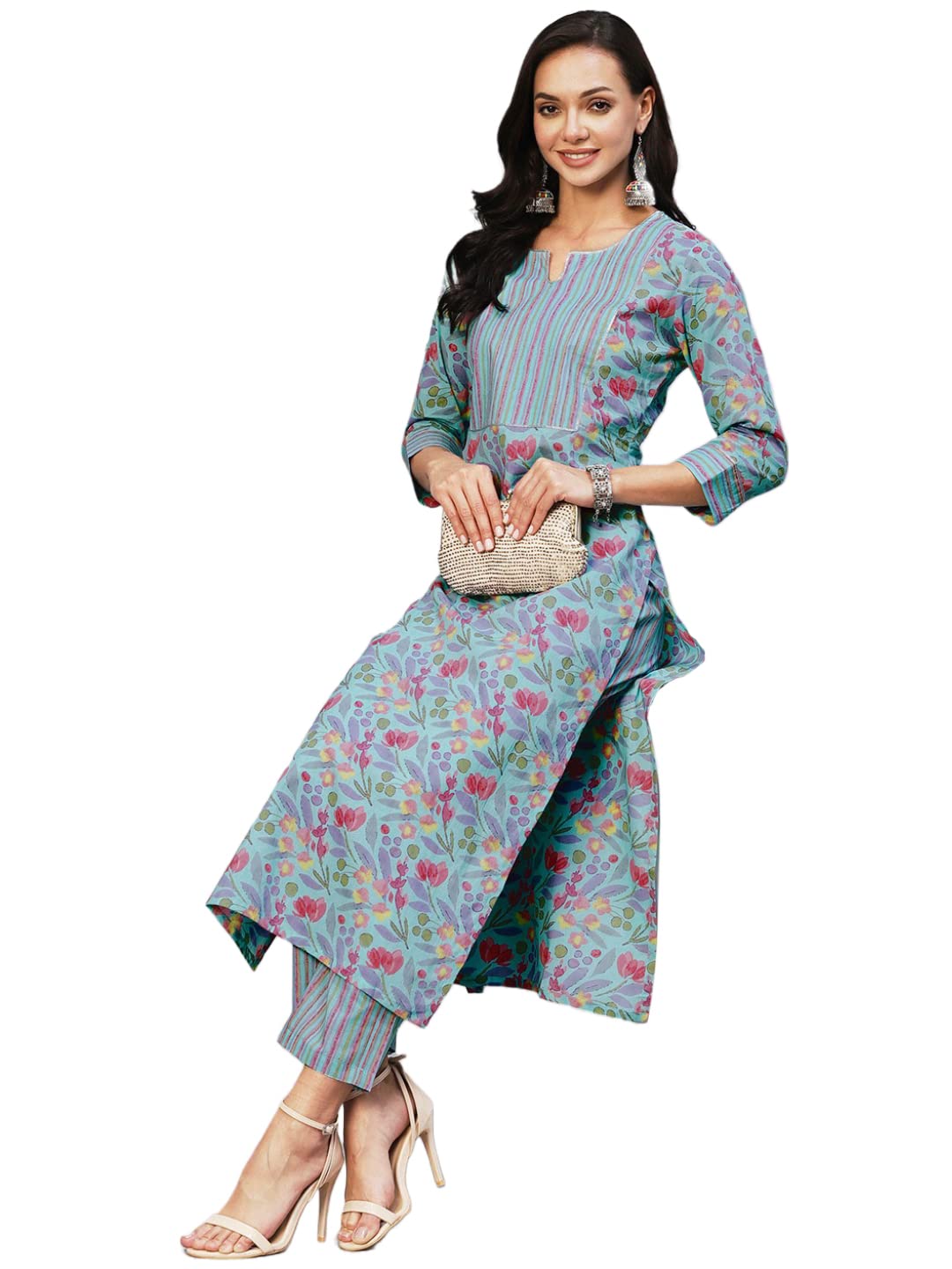 Gosriki Women'S Cotton Blend Printed Straight Kurta With Pant (Nand Blue-Gs_Xl_Blue_X-Large)