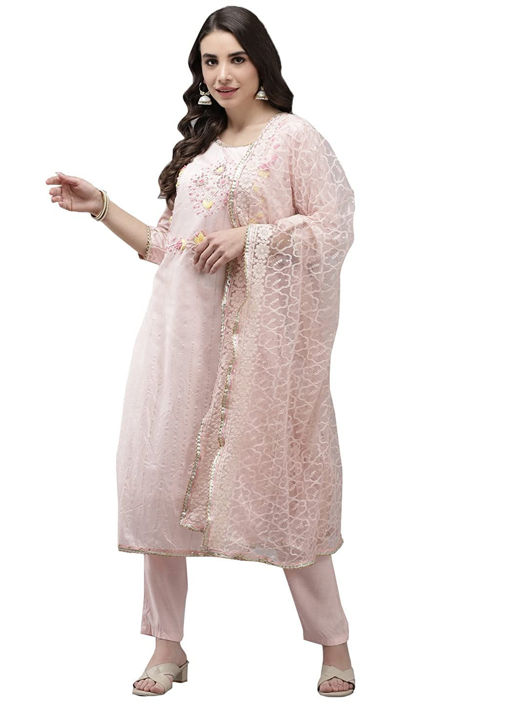 Ishin Women'S Chanderi Silk Embroidered A-Line Kurta Suit Set With Dupatta & Pants Kpldpnk-19111_S_Pink