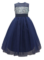 A.T.U.N. Girls Sequins Tulle Party Gown Navy-Silver