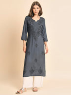 VAIRAGEE Womens Rayon Straight Cut Round Neck Kurta with Beautiful Lucknowi Chickenkari Work (1593) Grey
