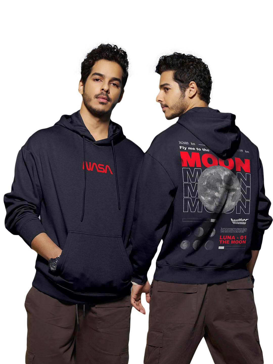 Bewakoof Official NASA Merchandise Mens Graphic Print Oversized Fit Full Sleeve Fleece Hoodies Black