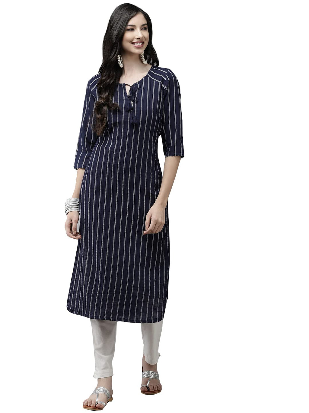 Ishin Womens Cotton Pathani Embellished Kurta Kpm-20003_Xl_Navy Blue